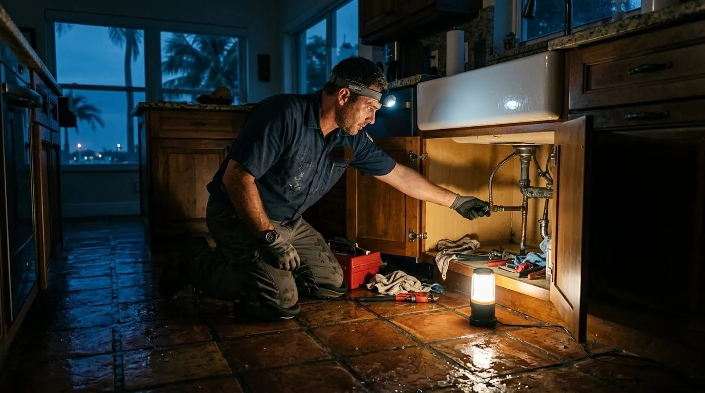 A plumber kneeling at an open sink cabinet at night, closing the shut-off valve by the light of a work lamp