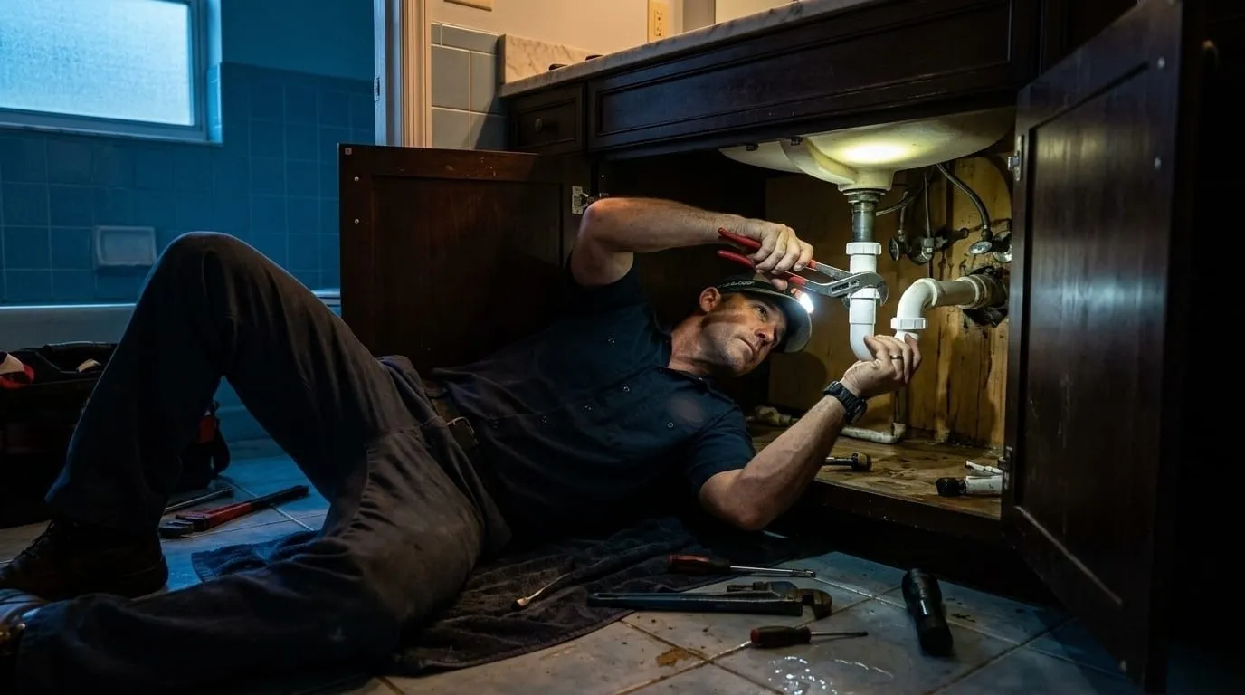 A plumber lying inside a sink cabinet, tightening the trap connection with both hands